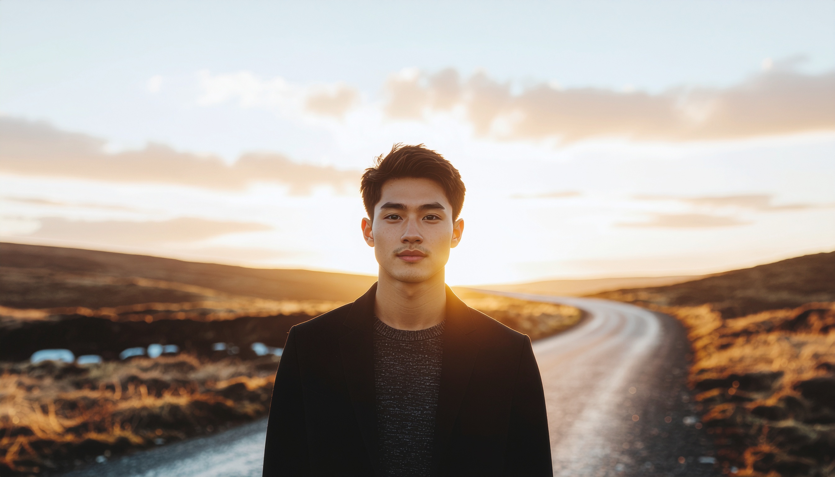 Young Man on a Rural Road at Sunset